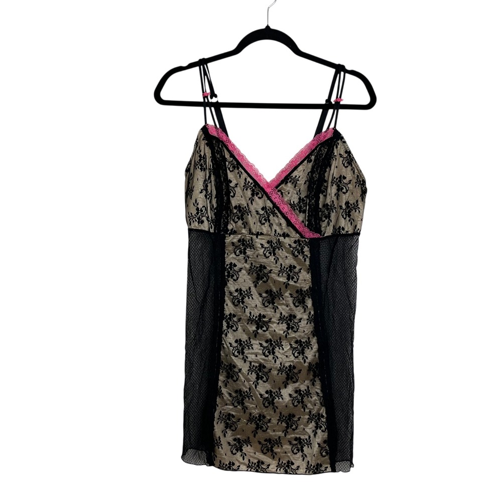NWT Cacique Babydoll‎ Lingerie 2 piece Set 18/20 Black Lace Pink Sheer Sleepwear
